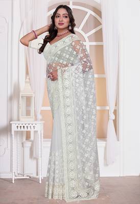 Diamond embroidered resham zari and zarkan work net classic saree in white for ceremonial 3