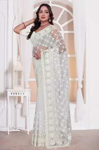 Diamond embroidered resham zari and zarkan work net classic saree in white for ceremonial