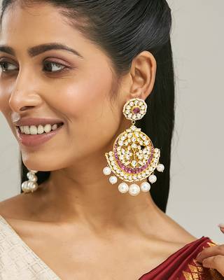 gold plated elegant ruby & kundan stone studded with pearl beaded floral chandbalis 2
