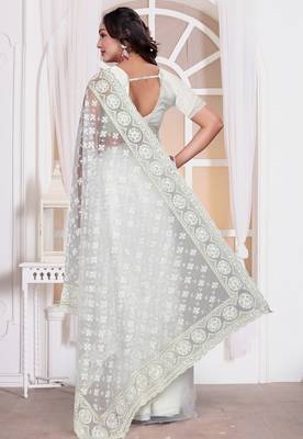 Diamond embroidered resham zari and zarkan work net classic saree in white for ceremonial 4