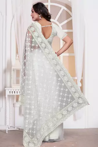 Diamond embroidered resham zari and zarkan work net classic saree in white for ceremonial