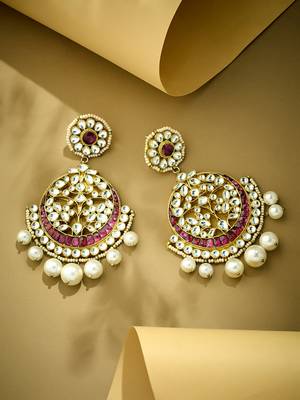 gold plated elegant ruby & kundan stone studded with pearl beaded floral chandbalis 3
