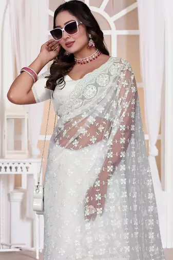 Diamond embroidered resham zari and zarkan work net classic saree in white for ceremonial