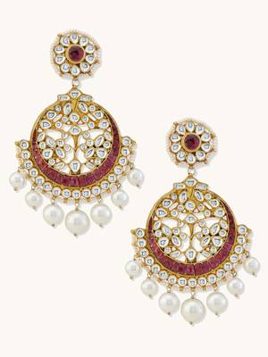 gold plated elegant ruby & kundan stone studded with pearl beaded floral chandbalis 4