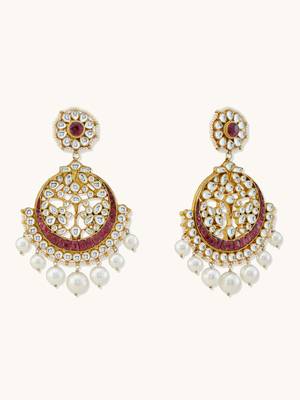 gold plated elegant ruby & kundan stone studded with pearl beaded floral chandbalis 5