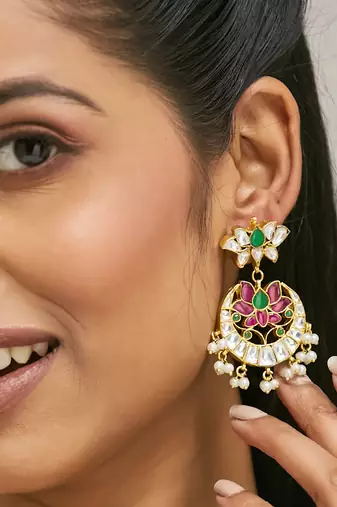 gold plated exquisite kundan stone studded & pearl beaded floral traditional chandbalis