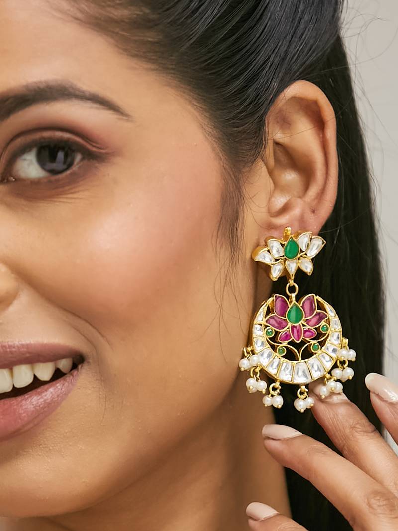 gold plated exquisite kundan stone studded & pearl beaded floral traditional chandbalis
