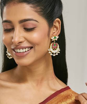 gold plated exquisite kundan stone studded & pearl beaded floral traditional chandbalis 2