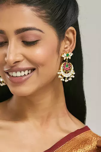 gold plated exquisite kundan stone studded & pearl beaded floral traditional chandbalis