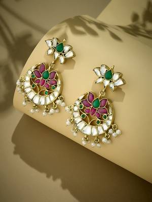 gold plated exquisite kundan stone studded & pearl beaded floral traditional chandbalis 3