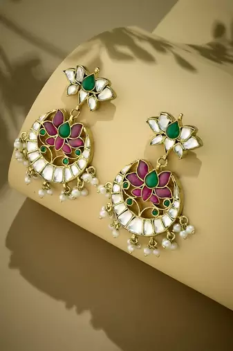 gold plated exquisite kundan stone studded & pearl beaded floral traditional chandbalis