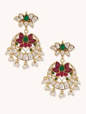 gold plated exquisite kundan stone studded & pearl beaded floral traditional chandbalis 4