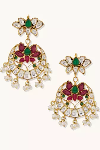 gold plated exquisite kundan stone studded & pearl beaded floral traditional chandbalis