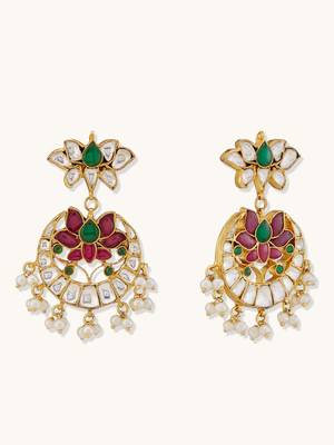 gold plated exquisite kundan stone studded & pearl beaded floral traditional chandbalis 5