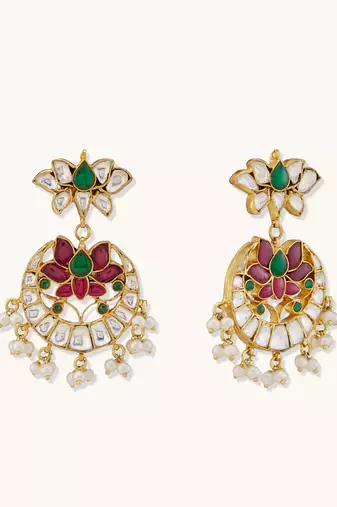 gold plated exquisite kundan stone studded & pearl beaded floral traditional chandbalis