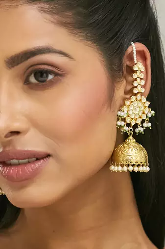 gold plated floral jhumki kundan studded kanauti earrings