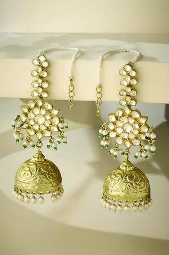 gold plated floral jhumki kundan studded kanauti earrings