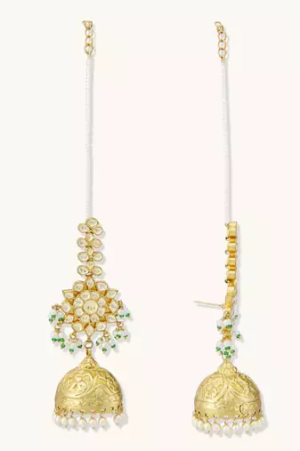 gold plated floral jhumki kundan studded kanauti earrings