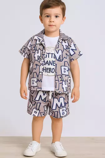 Beige alphabet printed cotton blend co-ord set