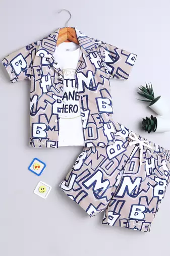 Beige alphabet printed cotton blend co-ord set