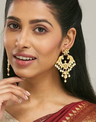 gold plated kundan and pearl earrings with floral stud and intricate crescent design chandbalis 2