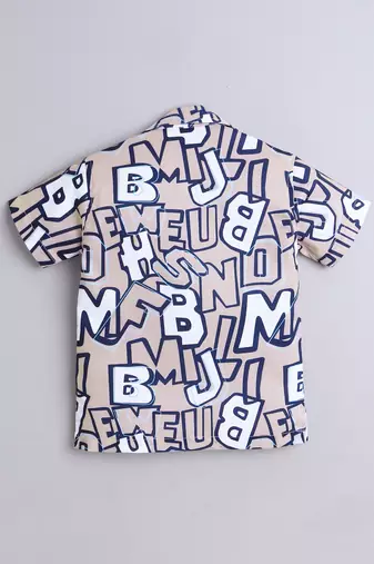 Beige alphabet printed cotton blend co-ord set