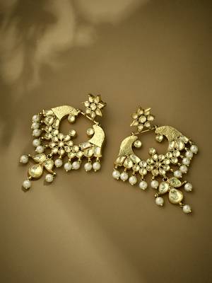 gold plated kundan and pearl earrings with floral stud and intricate crescent design chandbalis 3