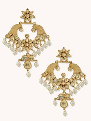 gold plated kundan and pearl earrings with floral stud and intricate crescent design chandbalis 4