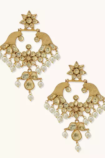 gold plated kundan and pearl earrings with floral stud and intricate crescent design chandbalis