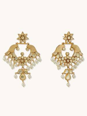 gold plated kundan and pearl earrings with floral stud and intricate crescent design chandbalis 5