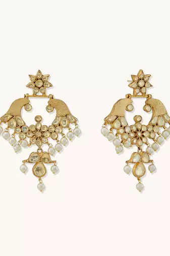 gold plated kundan and pearl earrings with floral stud and intricate crescent design chandbalis
