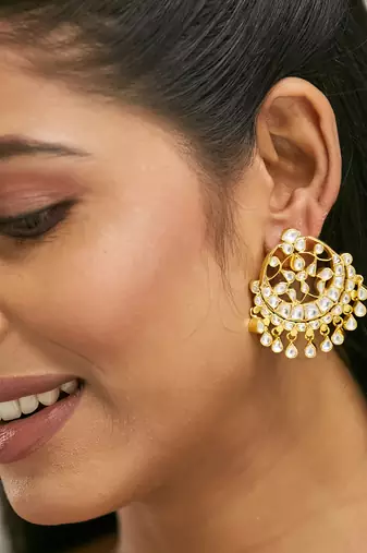gold plated kundan stone studded & pearl beaded moon chandbalis