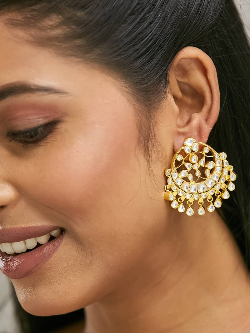 gold plated kundan stone studded & pearl beaded moon chandbalis