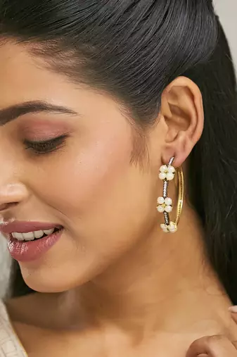 gold plated elegant pearl beaded circular hoop earrings