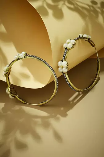 gold plated elegant pearl beaded circular hoop earrings