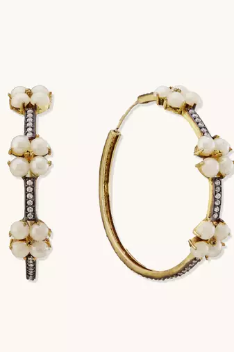gold plated elegant pearl beaded circular hoop earrings