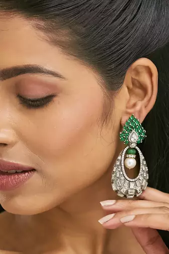 gold plated zircon studded & pearl teardrop shaped dangler earrings