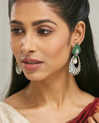 gold plated zircon studded & pearl teardrop shaped dangler earrings 2