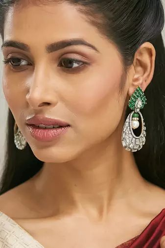 gold plated zircon studded & pearl teardrop shaped dangler earrings