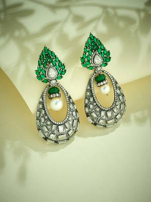 gold plated zircon studded & pearl teardrop shaped dangler earrings 3