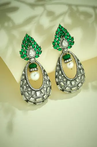 gold plated zircon studded & pearl teardrop shaped dangler earrings