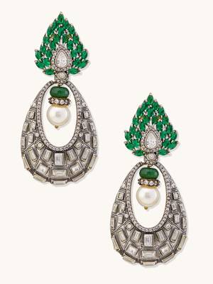gold plated zircon studded & pearl teardrop shaped dangler earrings 4