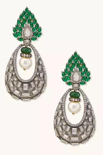 gold plated zircon studded & pearl teardrop shaped dangler earrings