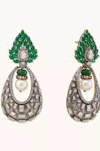 gold plated zircon studded & pearl teardrop shaped dangler earrings