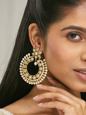 gold plated kundan studded & pearl beaded floral chandbali earrings 1