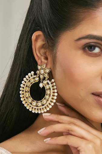 22k gold-plated kundan studded & pearl beaded floral chandbali earrings
