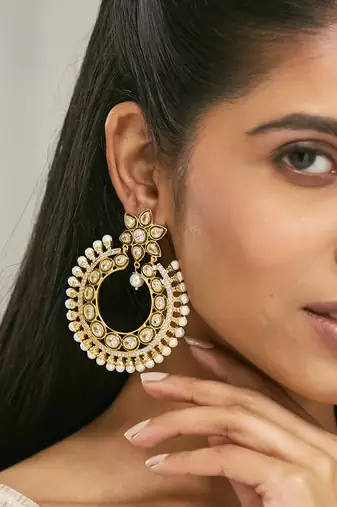 gold plated kundan studded & pearl beaded floral chandbali earrings
