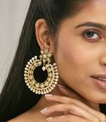 gold plated kundan studded & pearl beaded floral chandbali earrings