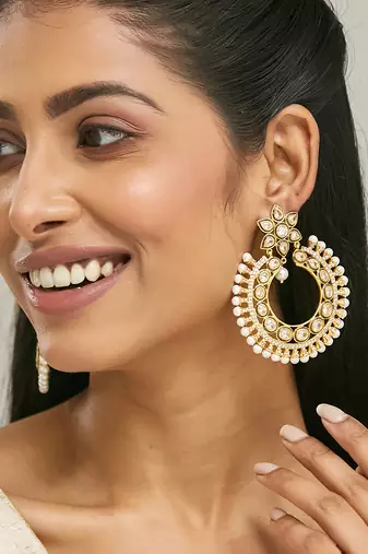 gold plated kundan studded & pearl beaded floral chandbali earrings