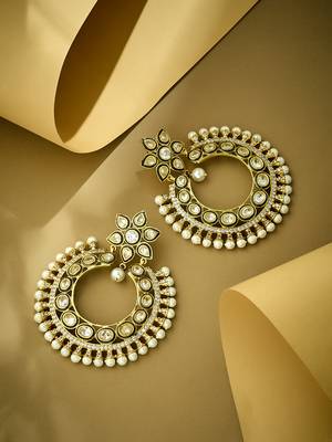 gold plated kundan studded & pearl beaded floral chandbali earrings 3